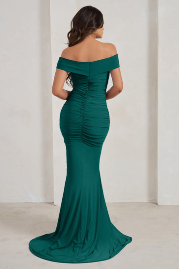 Apolline Bottle Green Off The Shoulder Ruched Fishtail Maxi Dress
